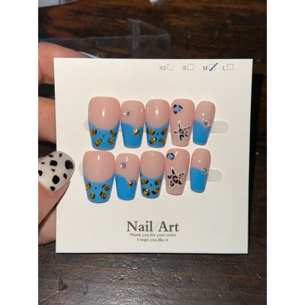 Blue French Tip Leopard Square Press On Nails Size Medium